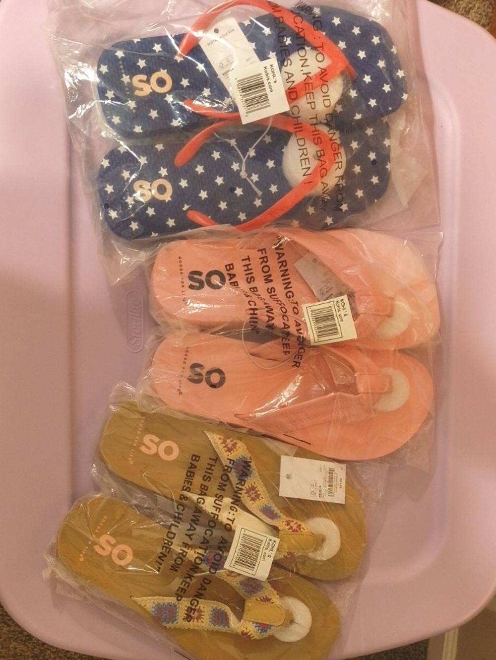 SO Flip Flops - Blue Star, Pink, and Tan - Picture 1 of 1